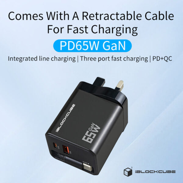iBlockCube 65W GaN Charger with Retractable Cable – Fast Charging for iPhone 16, Smartphones and More product