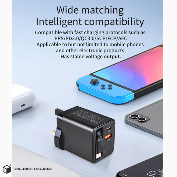 iBlockCube 65W GaN Charger with Retractable Cable – Fast Charging for iPhone 16, Smartphones and More product