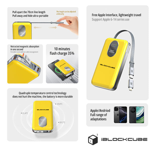 iBlockCube10000mAh Power Bank with 70CM Retractable Cable – Fast Charging, Mini Power Bank, Magnetic Portable Power Bank