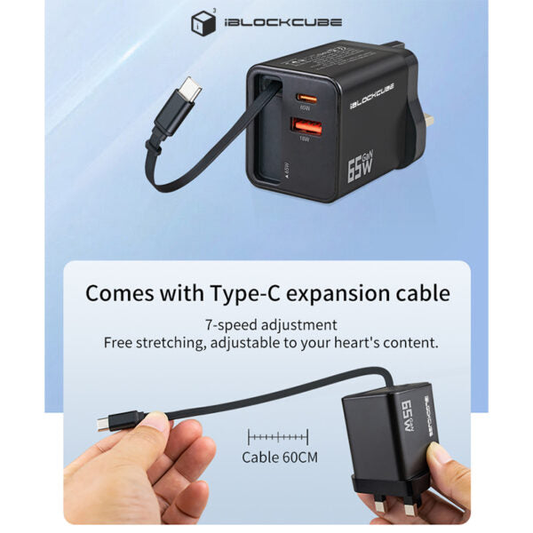 iBlockCube 65W GaN Charger with Retractable Cable – Fast Charging for iPhone 16, Smartphones and More product