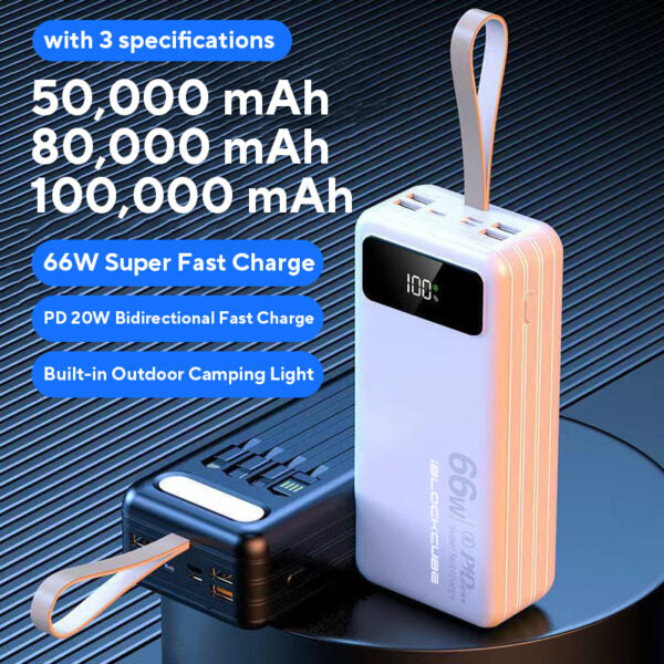 iBlockCube 100000mAh Power Bank with Built-in Cable – 66W Super Fast Charging, High-Capacity Portable Charger for Outdoor Use