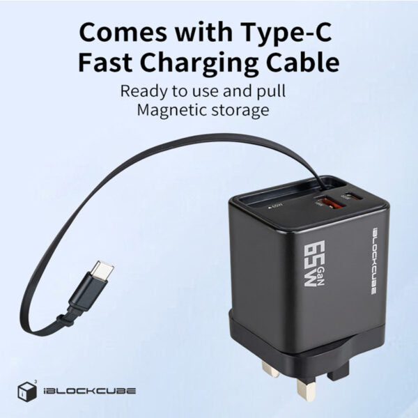 iBlockCube 65W GaN Charger with Retractable Cable – Fast Charging for iPhone 16, Smartphones and More product