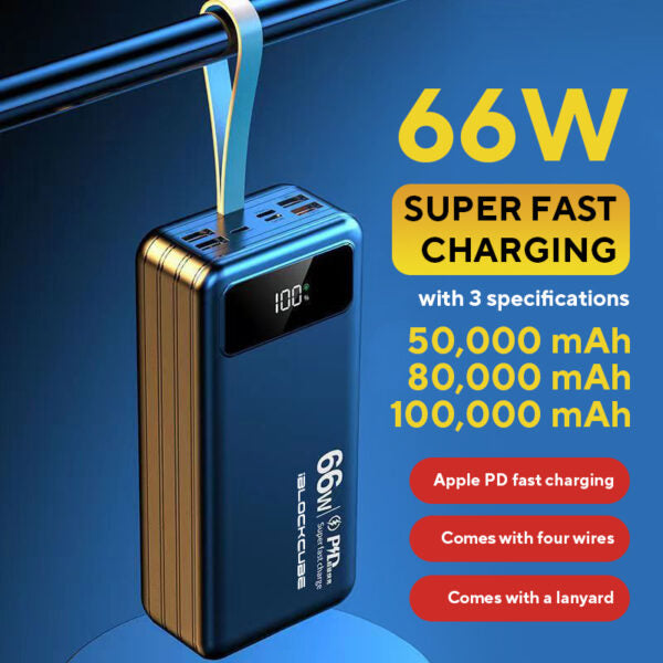 iBlockCube 100000mAh Power Bank with Built-in Cable – 66W Super Fast Charging, High-Capacity Portable Charger for Outdoor Use