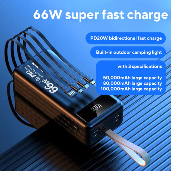 iBlockCube 100000mAh Power Bank with Built-in Cable – 66W Super Fast Charging, High-Capacity Portable Charger for Outdoor Use
