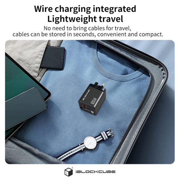 iBlockCube 65W GaN Charger with Retractable Cable – Fast Charging for iPhone 16, Smartphones and More product