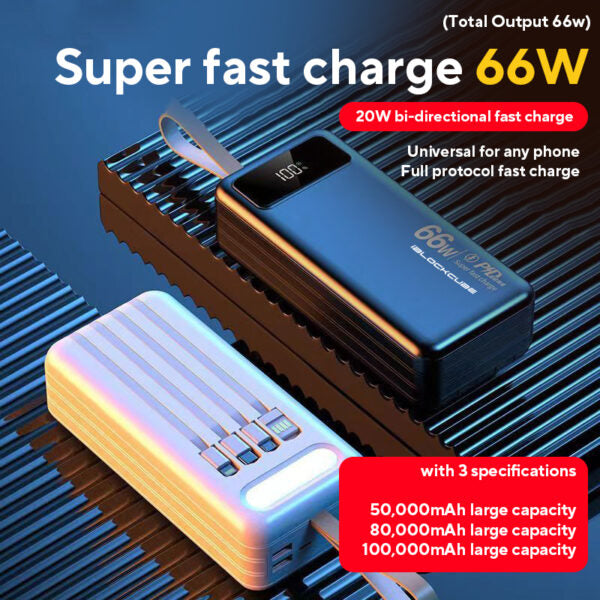 iBlockCube 100000mAh Power Bank with Built-in Cable – 66W Super Fast Charging, High-Capacity Portable Charger for Outdoor Use