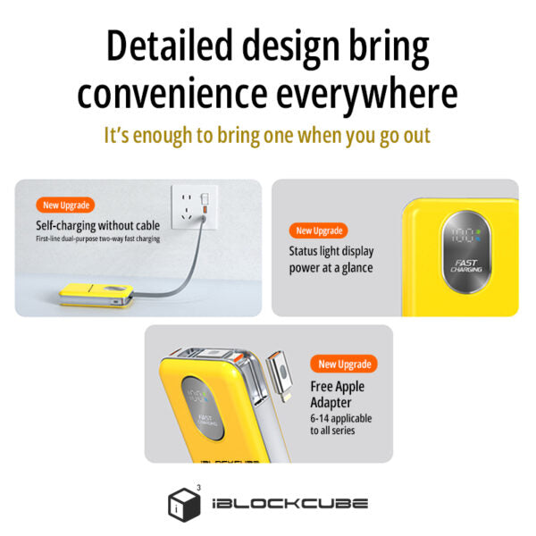 iBlockCube10000mAh Power Bank with 70CM Retractable Cable – Fast Charging, Mini Power Bank, Magnetic Portable Power Bank