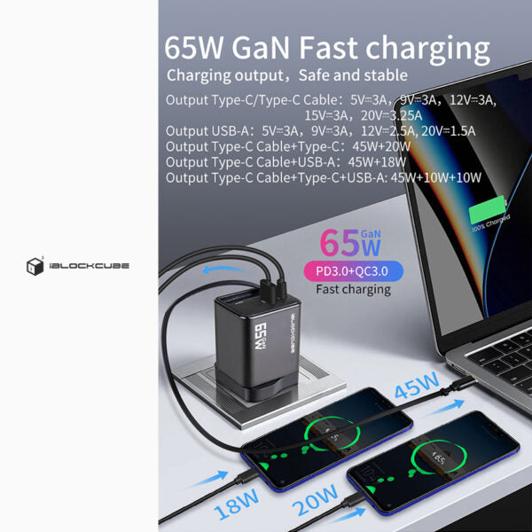 iBlockCube 65W GaN Charger with Retractable Cable – Fast Charging for iPhone 16, Smartphones and More product