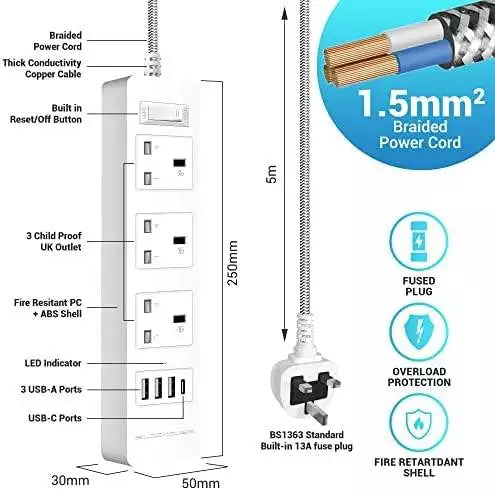 Space Optimise UK Plug Extension Lead 5m