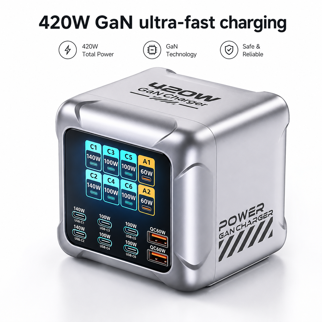 iBlockCube 8-in-1 Multi-Port Socket & 420W GaN Fast Charger – Ultra-Fast Charging for Phones, Tablets, Laptops, and More