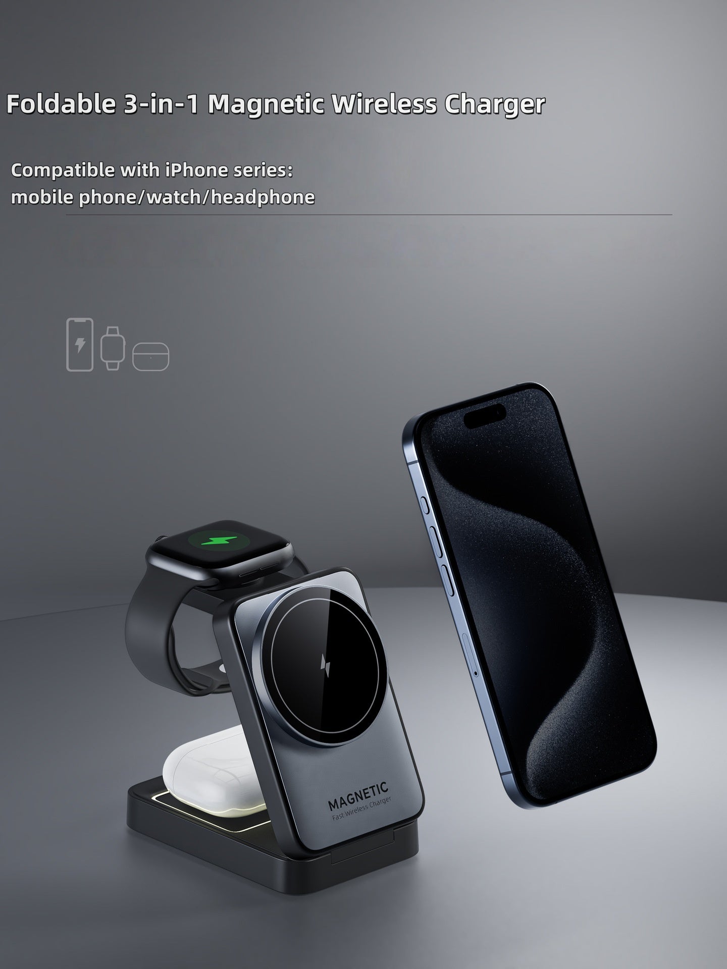 iBlockCube Foldable Magnetic 3-in-1 Wireless Charger with 15W Fast Charging – Charge Your Phone, Watch, and More in Style