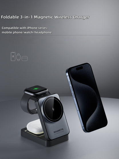 iBlockCube Foldable Magnetic 3-in-1 Wireless Charger with 15W Fast Charging – Charge Your Phone, Watch, and More in Style