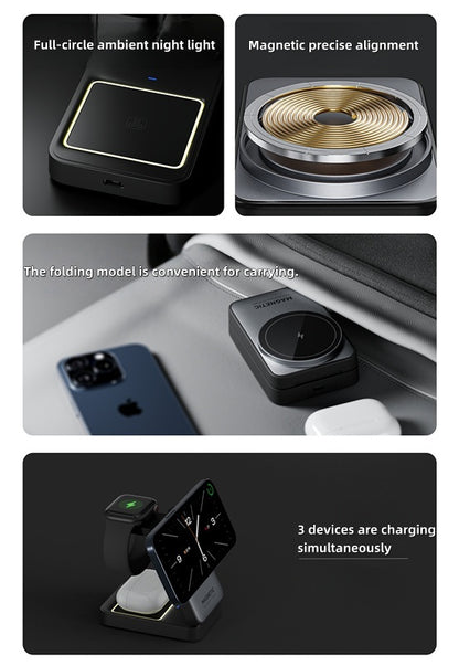 iBlockCube Foldable Magnetic 3-in-1 Wireless Charger with 15W Fast Charging – Charge Your Phone, Watch, and More in Style