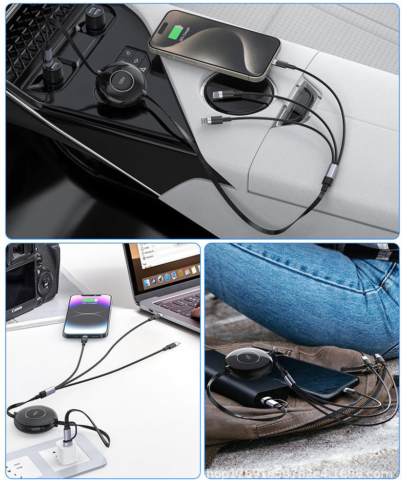 iBlockCube 100W 3-in-1 Multifunction Retractable Magnetic Charging & Data Cable – Charge Your Phone, Tablet, and Smartwatch Anywhere