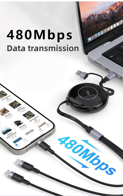 iBlockCube 100W 3-in-1 Multifunction Retractable Magnetic Charging & Data Cable – Charge Your Phone, Tablet, and Smartwatch Anywhere