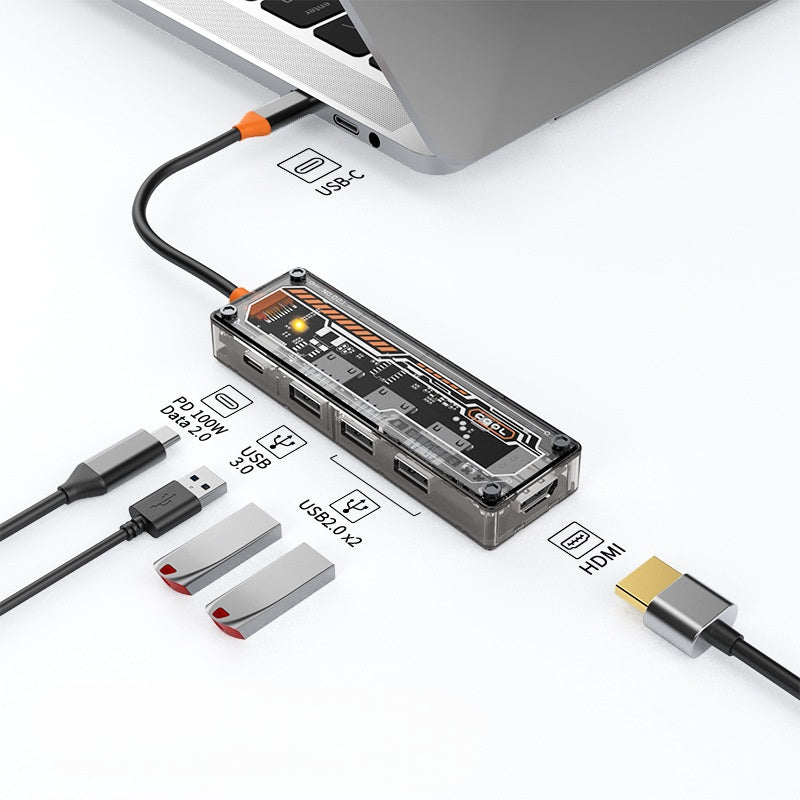 iBlockCube 100W fast charging -Transparent Type-C docking station, USB hub, network port USB extender, multi-functional notebook expansion dock