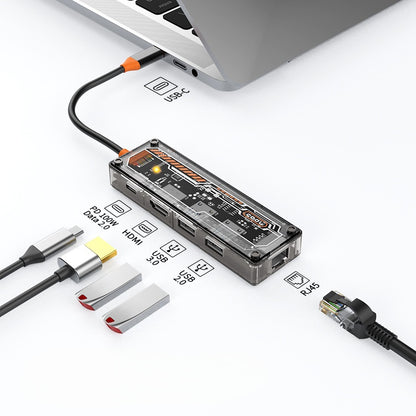 iBlockCube 100W fast charging -Transparent Type-C docking station, USB hub, network port USB extender, multi-functional notebook expansion dock