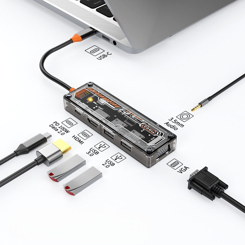 iBlockCube 100W fast charging -Transparent Type-C docking station, USB hub, network port USB extender, multi-functional notebook expansion dock
