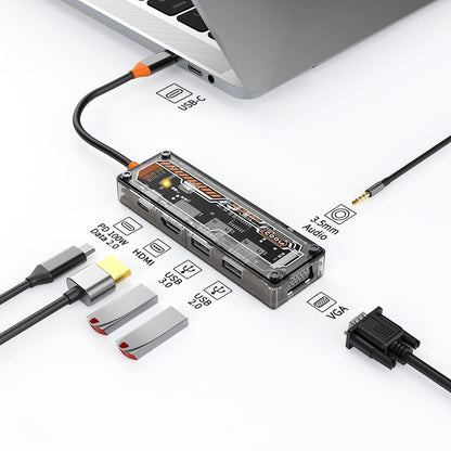 iBlockCube 100W fast charging -Transparent Type-C docking station, USB hub, network port USB extender, multi-functional notebook expansion dock