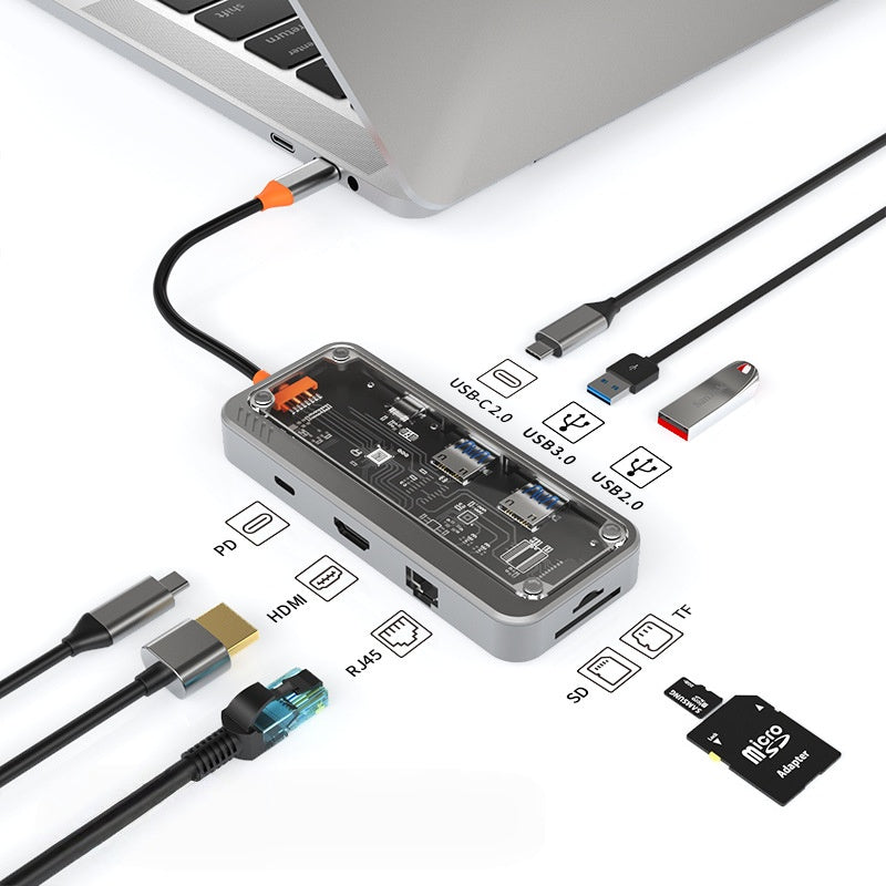 iBlockCube 100W fast charging -Transparent Type-C docking station, USB hub, network port USB extender, multi-functional notebook expansion dock