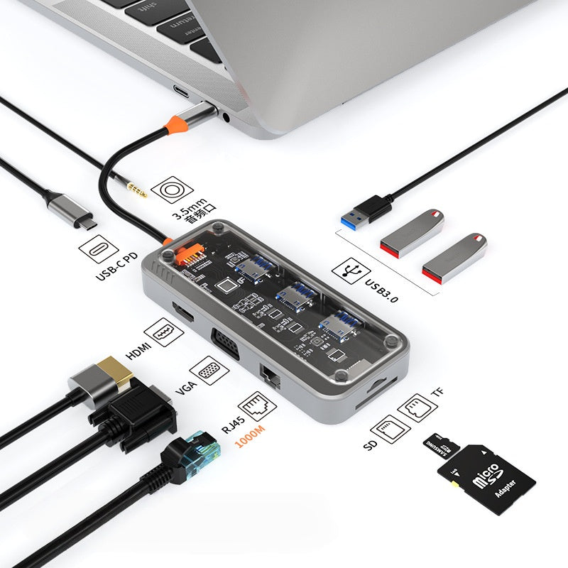 iBlockCube 100W fast charging -Transparent Type-C docking station, USB hub, network port USB extender, multi-functional notebook expansion dock