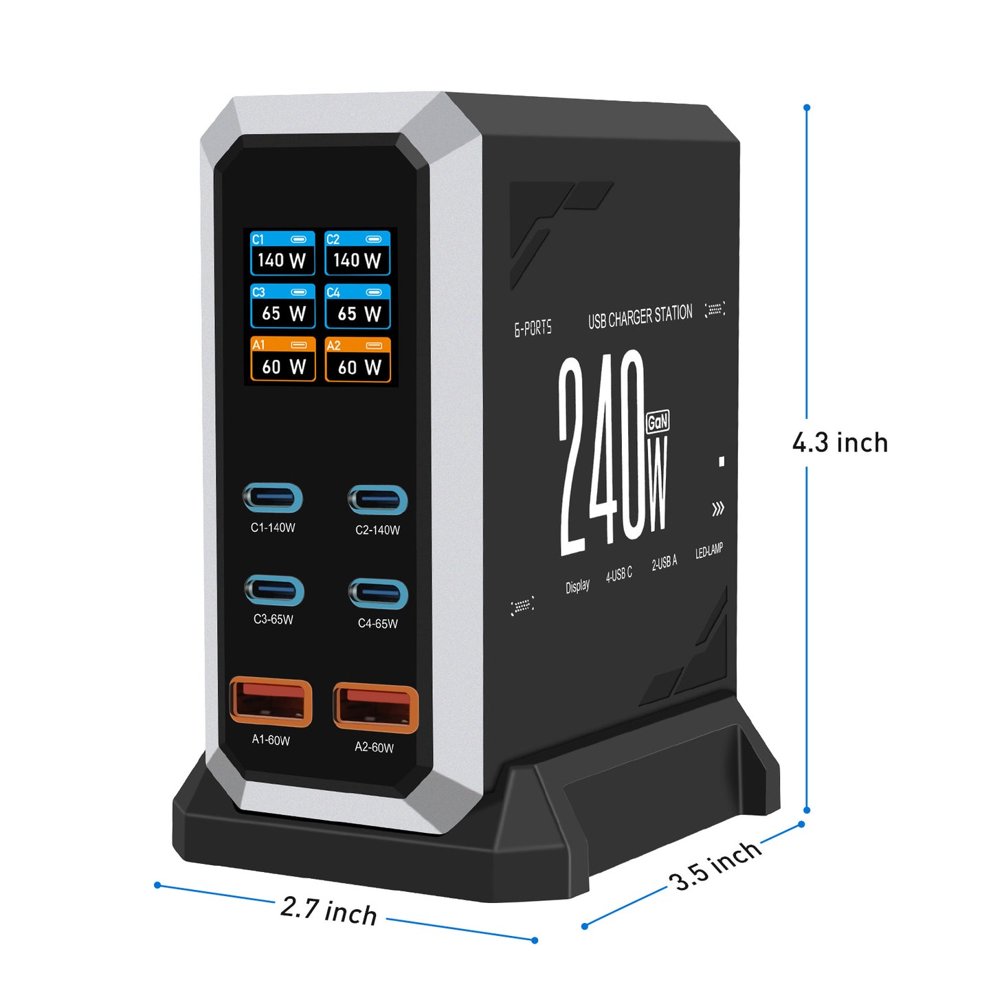 iBlockCube 240W Multi-Port USB Charger with Dynamic Display Screen – High-Powered, Fast Charging for Multiple Devices