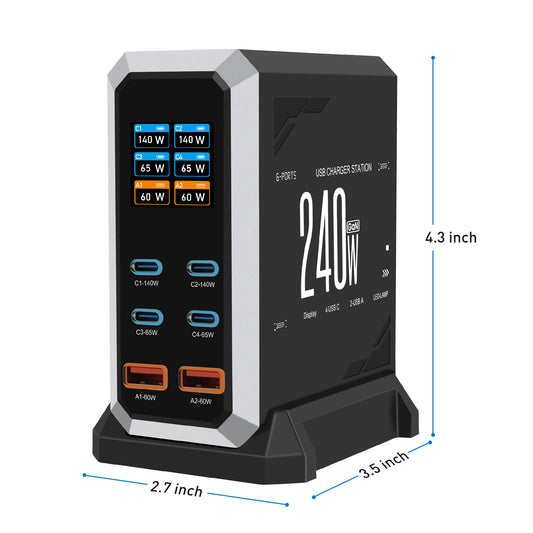 iBlockCube 240W Multi-Port USB Charger with Dynamic Display Screen – High-Powered, Fast Charging for Multiple Devices