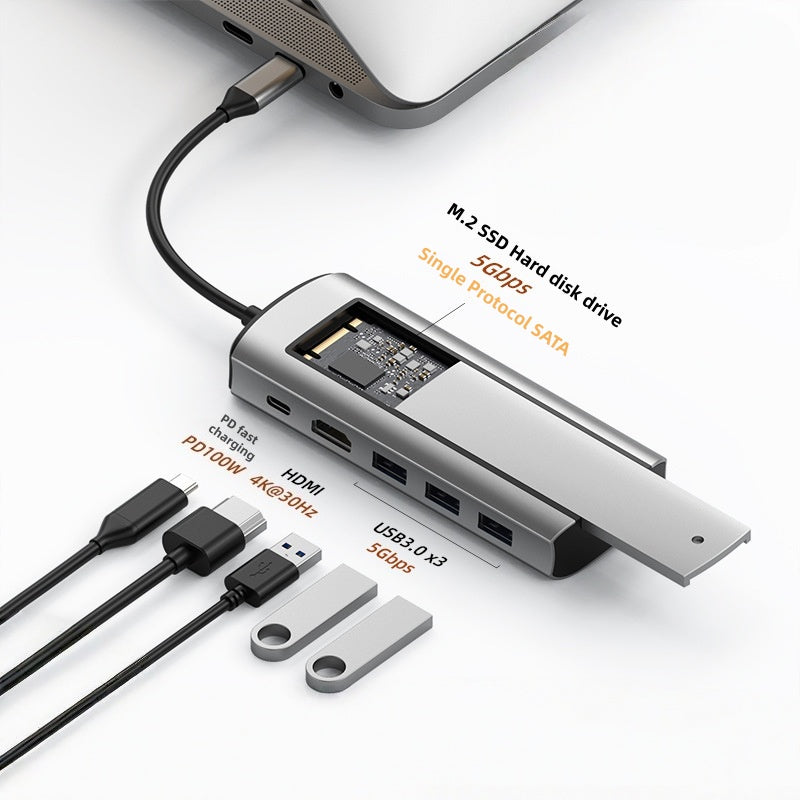 iBlockCube 100W fast charging -Transparent Type-C docking station, USB hub, network port USB extender, multi-functional notebook expansion dock