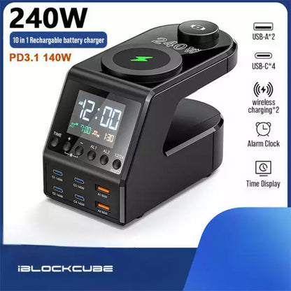 iBlockCube Multi-Functional 240W Wireless Charging Alarm Clock with Wireless Charger – All-in-One Digital Clock for Global Use
