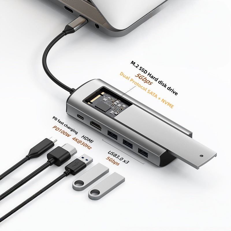 iBlockCube 100W fast charging -Transparent Type-C docking station, USB hub, network port USB extender, multi-functional notebook expansion dock