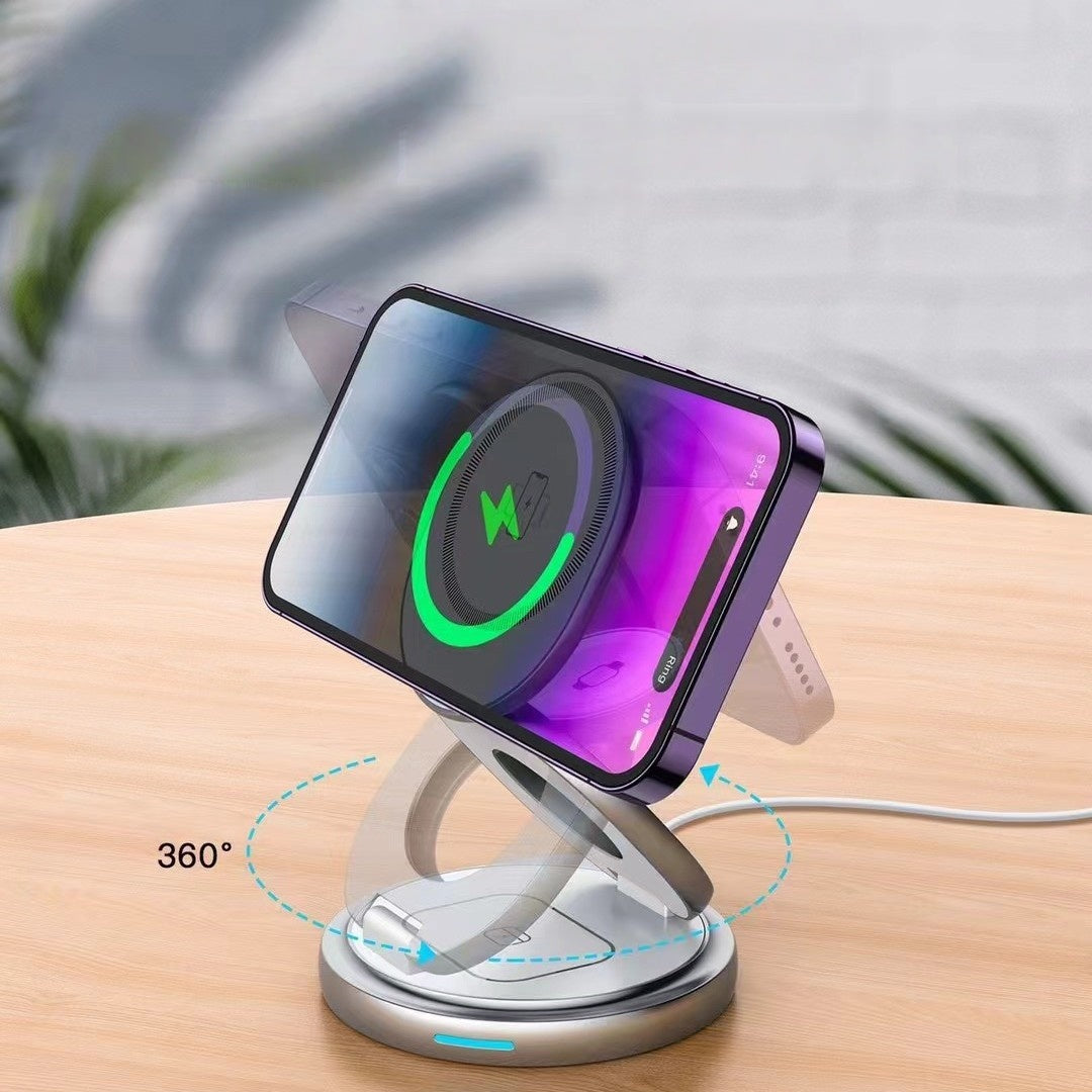 iBlockCube 15W Metal Rotatable Phone Stand 3-in-1 Wireless Charger – Charge Your iPhone, Apple Watch, and AirPods Simultaneously