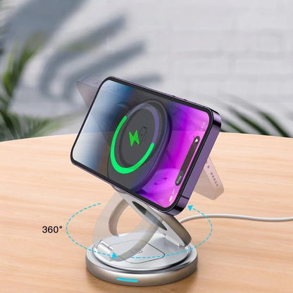 iBlockCube 15W Metal Rotatable Phone Stand 3-in-1 Wireless Charger – Charge Your iPhone, Apple Watch, and AirPods Simultaneously
