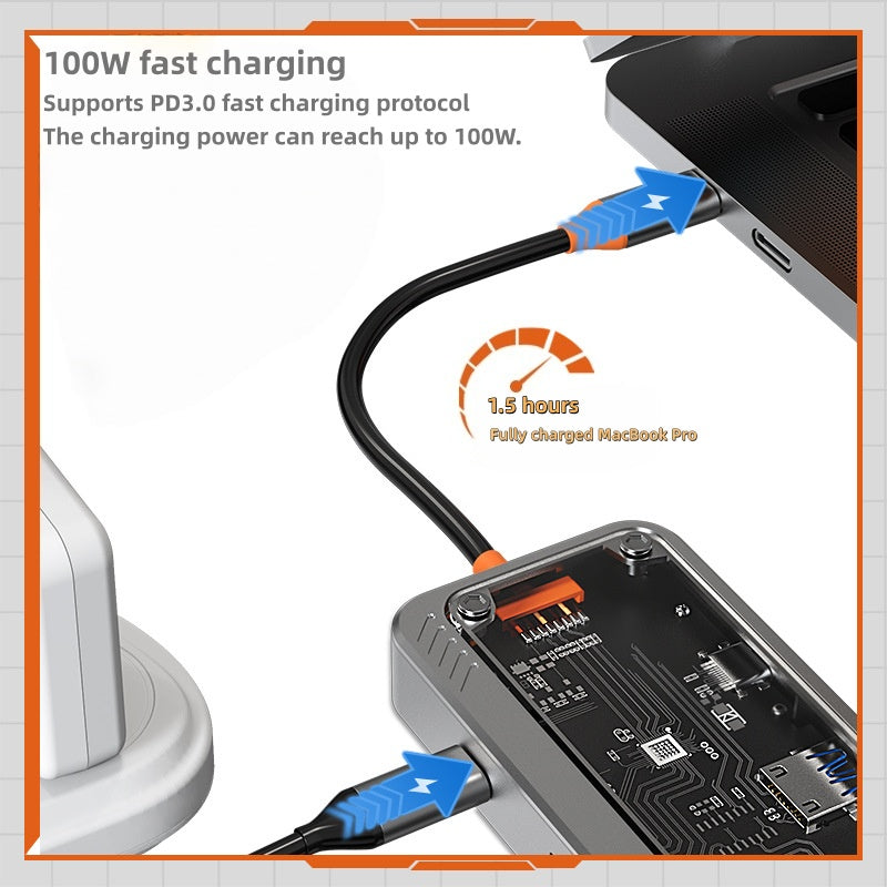 iBlockCube 100W fast charging -Transparent Type-C docking station, USB hub, network port USB extender, multi-functional notebook expansion dock