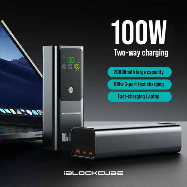 iBlockCube 20000mAh High-Capacity Power Bank with PD100W Fast Charging, Portable Laptop Charger for Travel