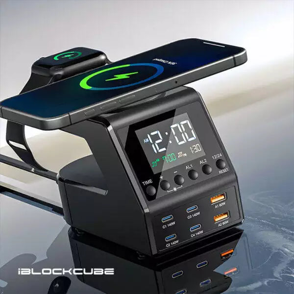 iBlockCube Multi-Functional 240W Wireless Charging Alarm Clock with Wireless Charger – All-in-One Digital Clock for Global Use