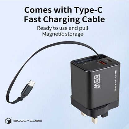 iBlockCube 65W GaN Charger with Retractable Cable – Fast Charging for iPhone 16, Smartphones and More product