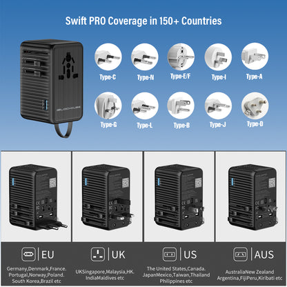 iBlockCube SWIFT PRO: The Powerful 140W 4th Gen GaN Travel Adapter PD Fast Charger 3 USB-C,1 USB-A, International Wall Charger AC Plug All in One Worldwide Power Charger（Black）