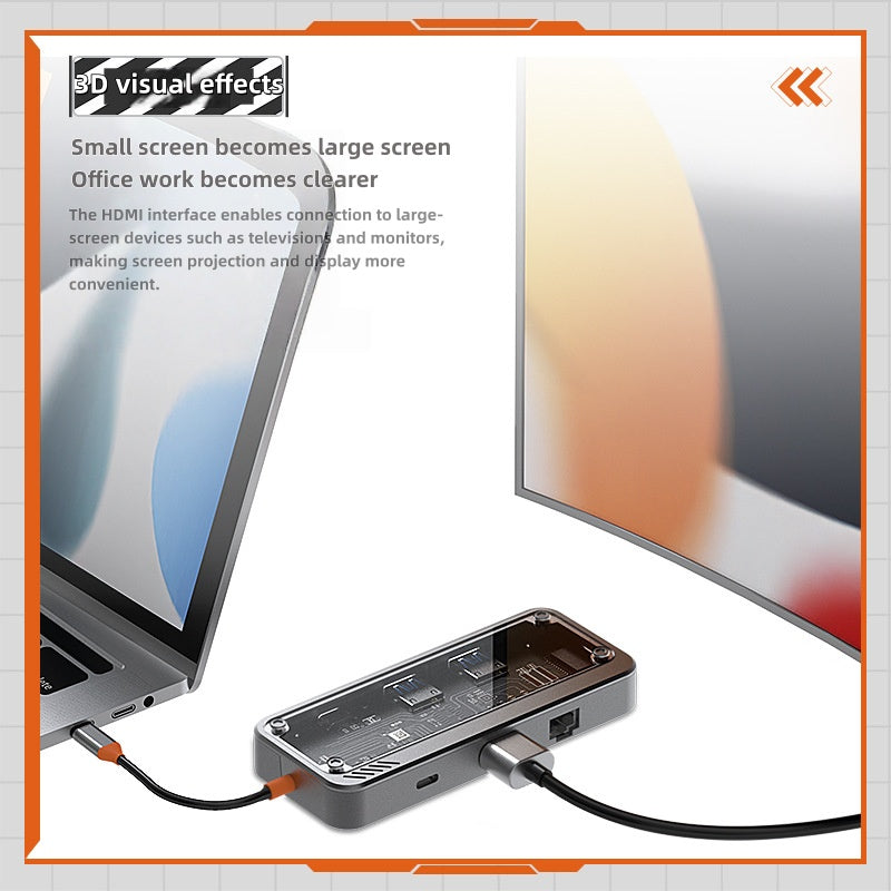 iBlockCube 100W fast charging -Transparent Type-C docking station, USB hub, network port USB extender, multi-functional notebook expansion dock