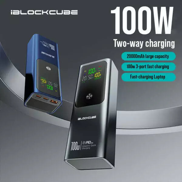 iBlockCube 20000mAh High-Capacity Power Bank with PD100W Fast Charging, Portable Laptop Charger for Travel