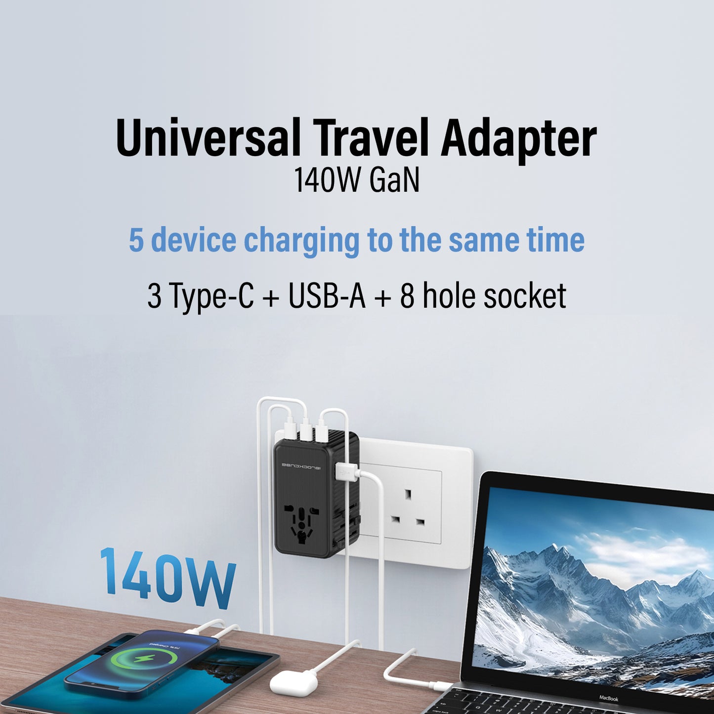 iBlockCube SWIFT PRO: The Powerful 140W 4th Gen GaN Travel Adapter PD Fast Charger 3 USB-C,1 USB-A, International Wall Charger AC Plug All in One Worldwide Power Charger（Black）