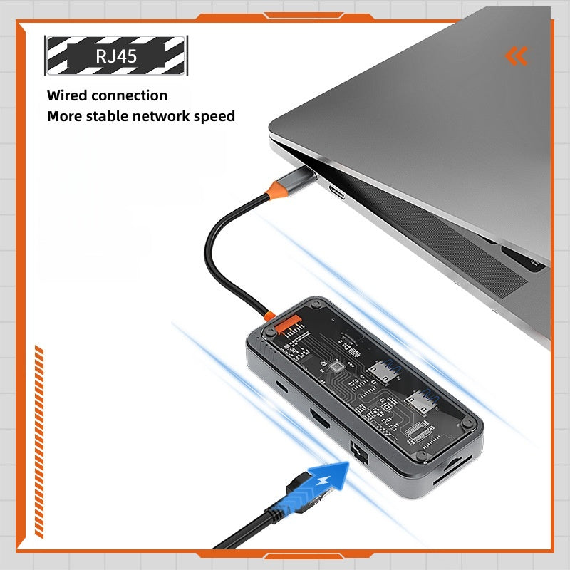 iBlockCube 100W fast charging -Transparent Type-C docking station, USB hub, network port USB extender, multi-functional notebook expansion dock
