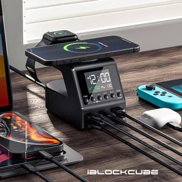 iBlockCube Multi-Functional 240W Wireless Charging Alarm Clock with Wireless Charger – All-in-One Digital Clock for Global Use