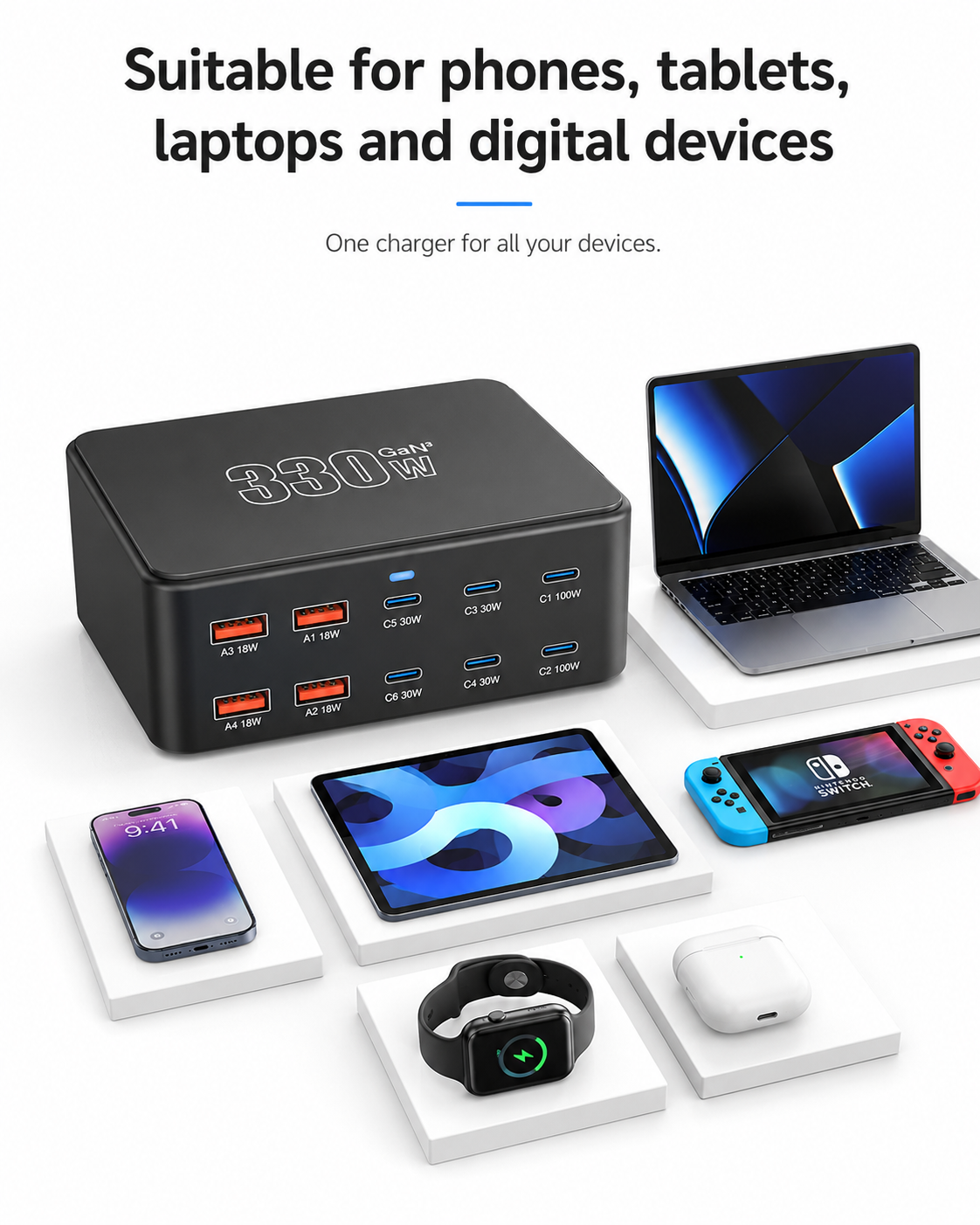 iBlockCube 330W GaN Multi-Port Fast Charger – Ultra Power Desktop Charging Station