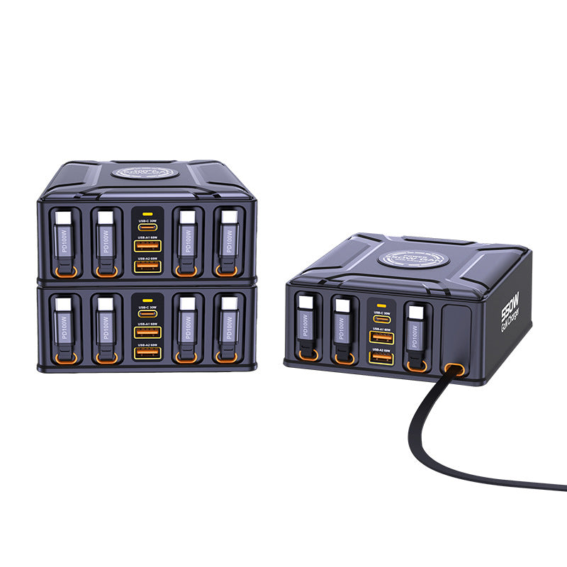 iBlockCube 550W GaN 7-in-1 Multi-Port Charger with Built-In Retractable Cable & USB-C Super Fast Charging – Unleash the Power of Speed and Efficiency