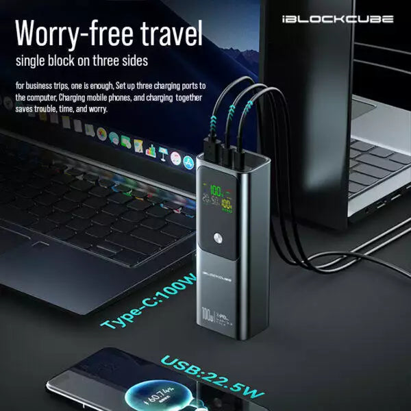 iBlockCube 20000mAh High-Capacity Power Bank with PD100W Fast Charging, Portable Laptop Charger for Travel