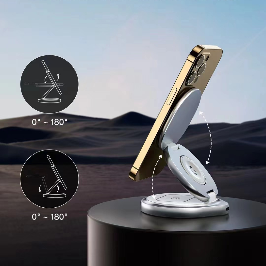 iBlockCube 15W Metal Rotatable Phone Stand 3-in-1 Wireless Charger – Charge Your iPhone, Apple Watch, and AirPods Simultaneously