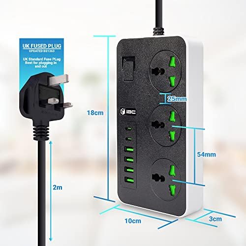 iBlockCube Universal Extension Lead with 2 USB C+4 USB A| 2 Meter Cabl