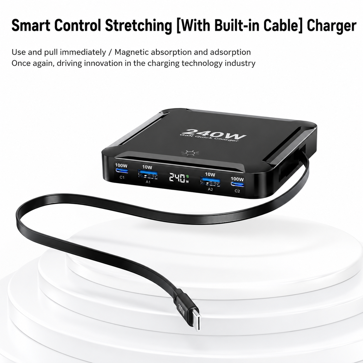 iBlockCube 240W Retractable Cable Charger – Magnetic Storage Multi-Port Fast Charging Station