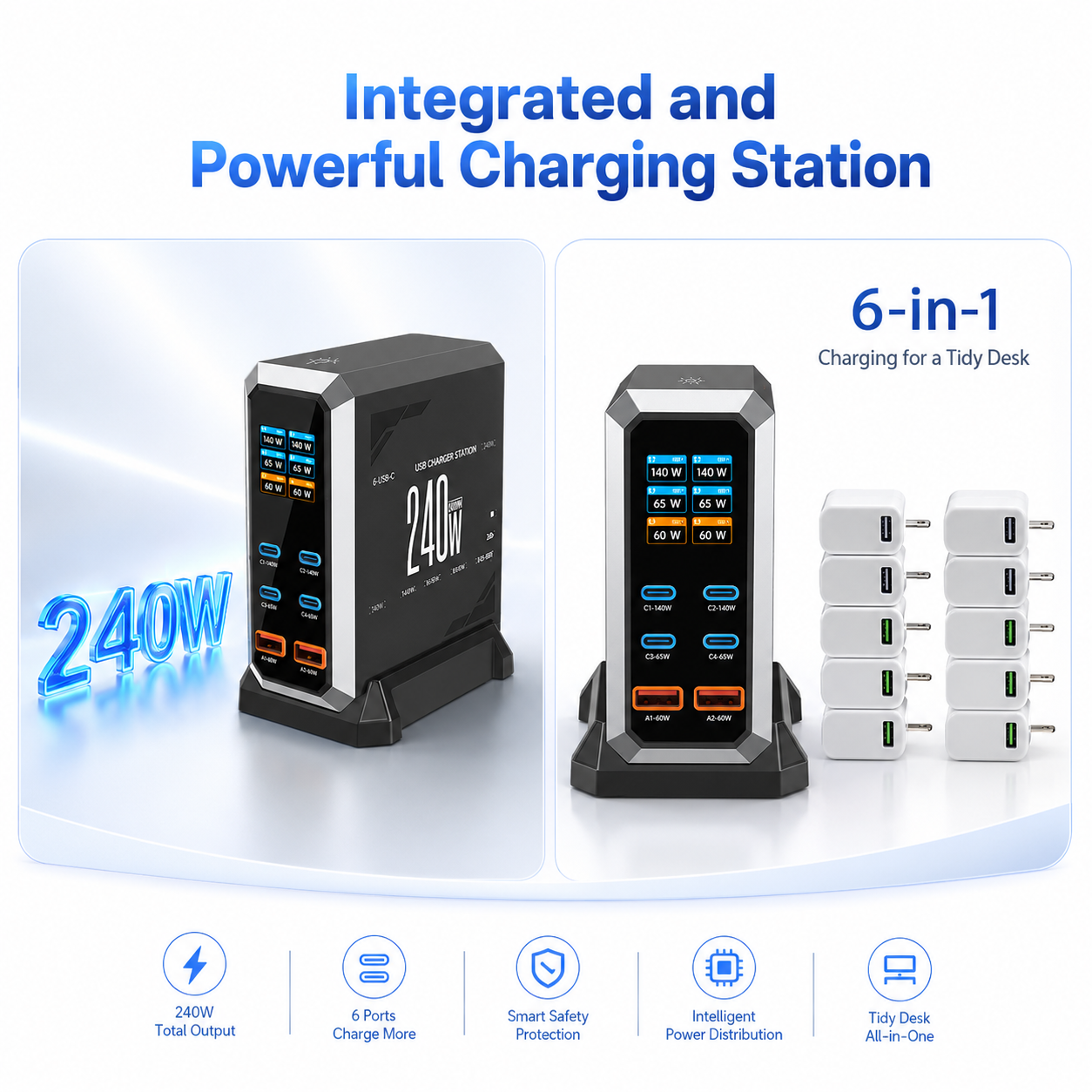 iBlockCube 240W Multi-Port USB Charger with Dynamic Display Screen – High-Powered, Fast Charging for Multiple Devices