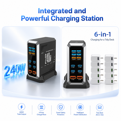 iBlockCube 240W Multi-Port USB Charger with Dynamic Display Screen – High-Powered, Fast Charging for Multiple Devices